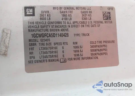 2013 Chevrolet Express 2500 Work Van z USA, uszkodzony, nr VIN 1GCWGFCA5D1140428